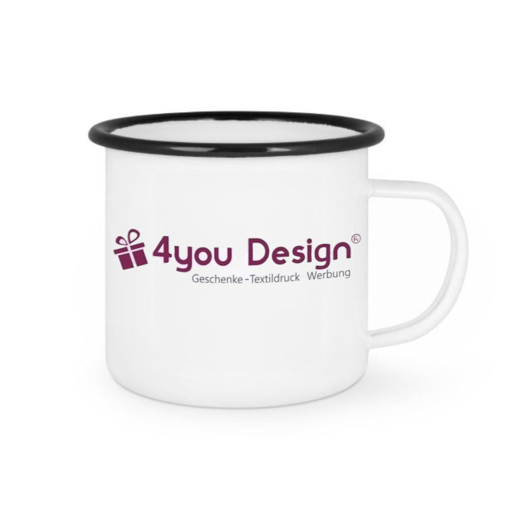 Emaille Tasse mit Logo/Wunschmotiv - farbiger Tassenrand - schwarz