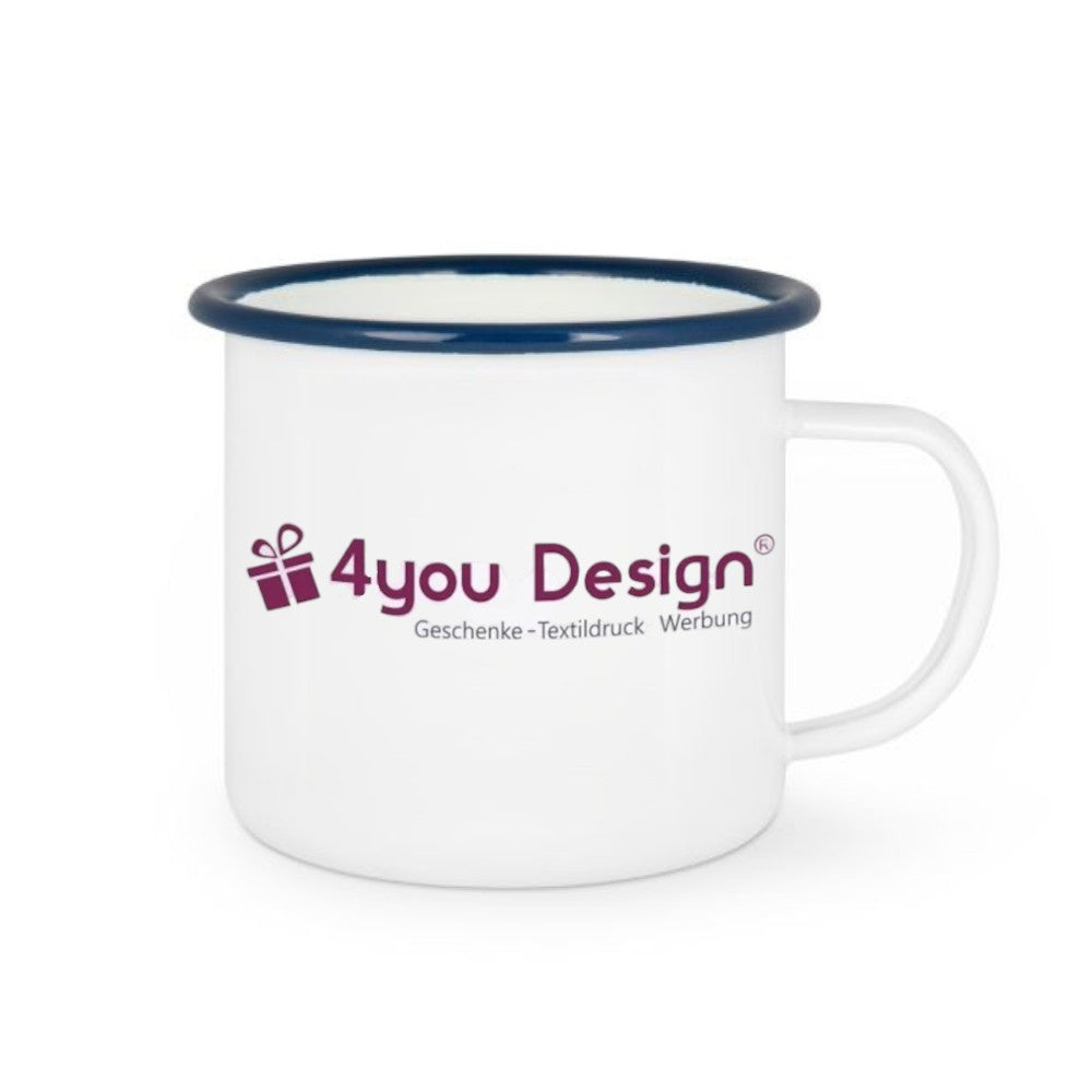 Emaille Tasse mit Logo/Wunschmotiv - farbiger Tassenrand - blau