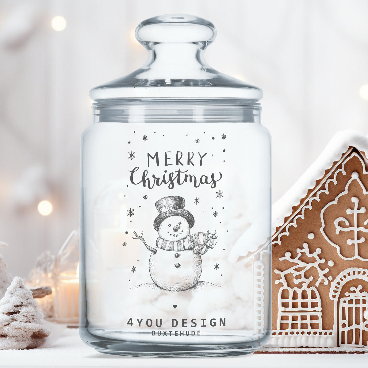 Keksglas - Motiv Schneemann "Merry Christmas" - mit Logo