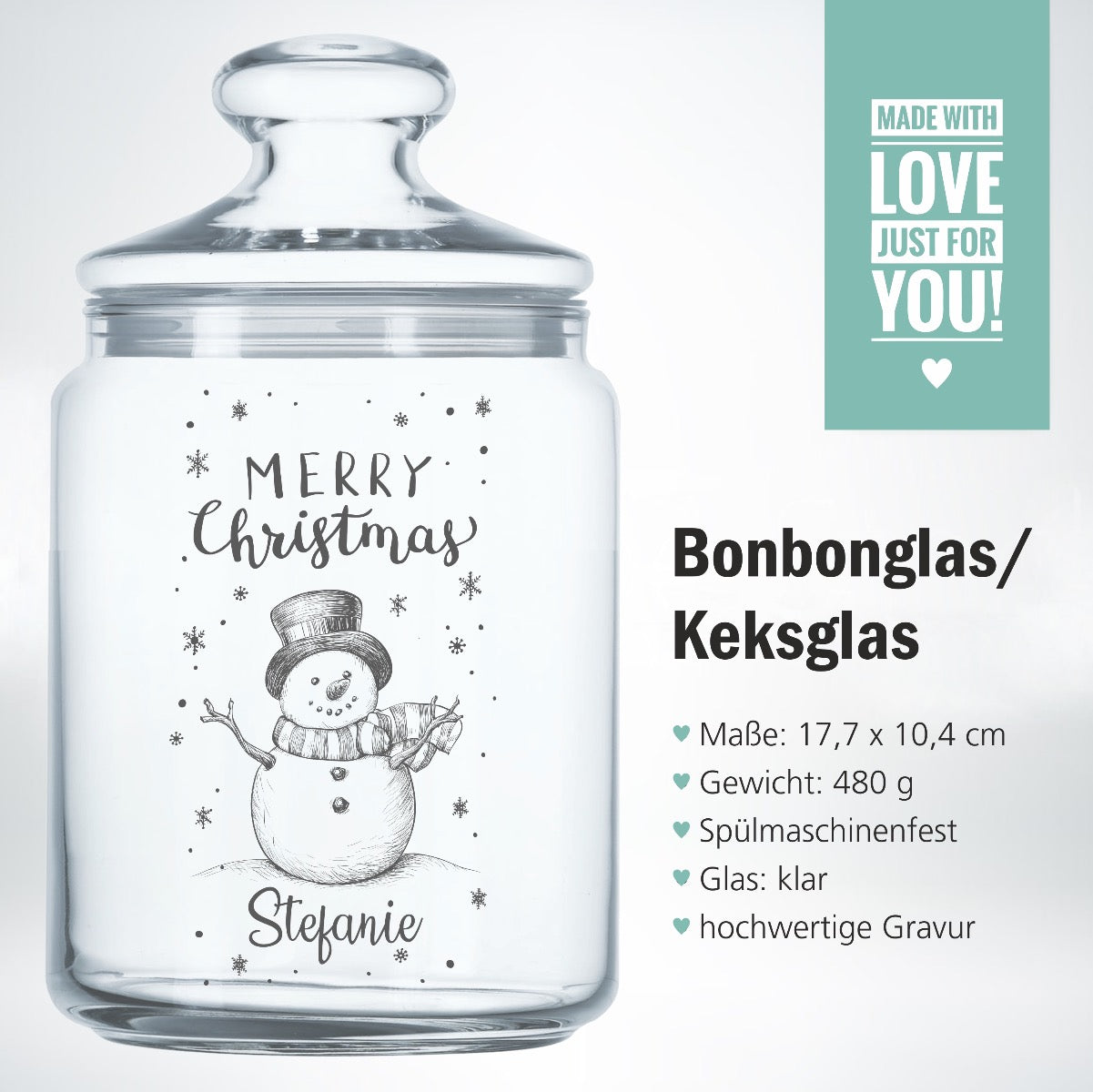 Keksglas - Motiv Schneemann "Merry Christmas" - personalisiert mit Namen