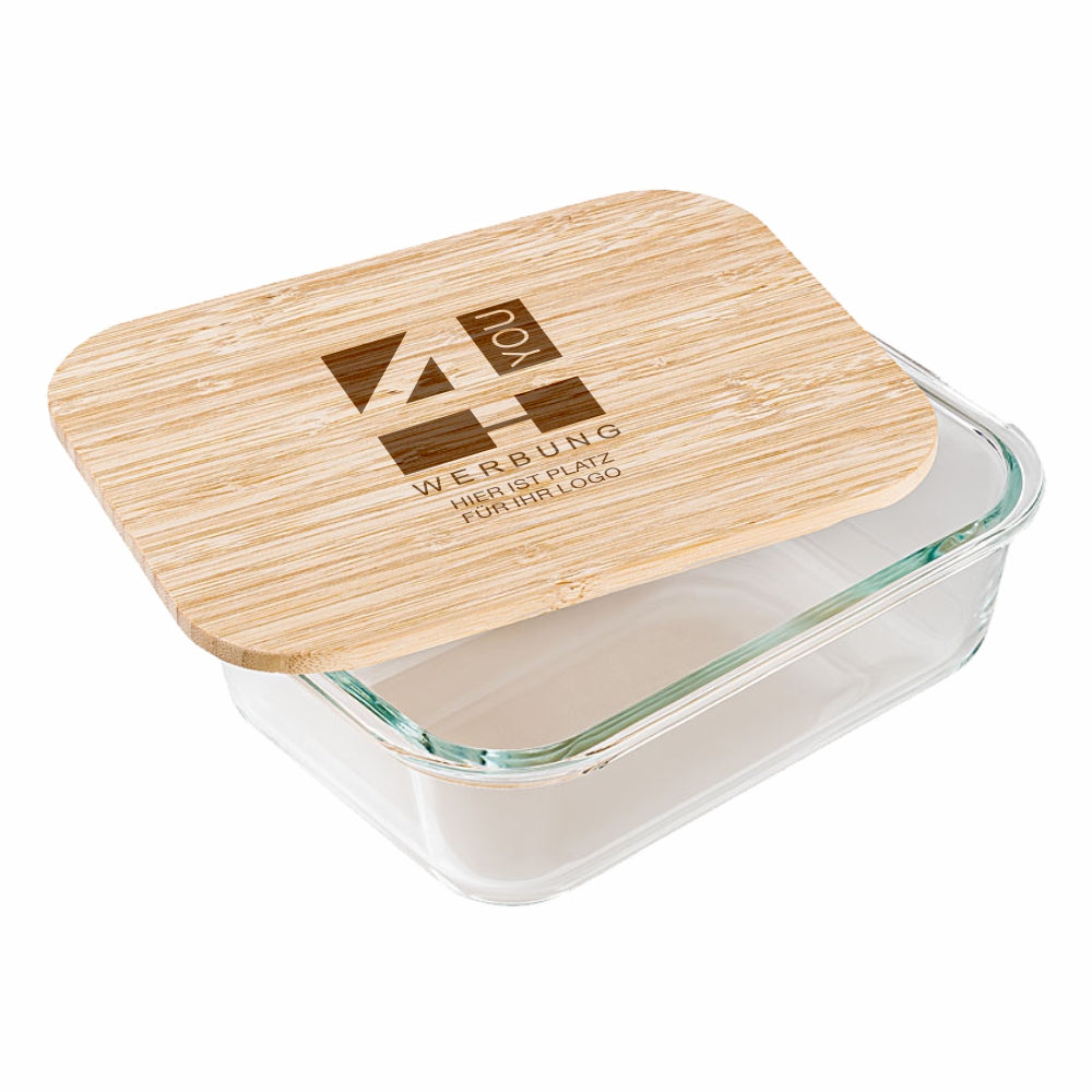 Lunchbox aus Glas mit Bambusdeckel und Logogravur