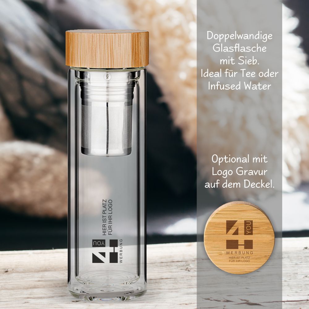 Thermos-Glasflasche mit Logodruck und Namen