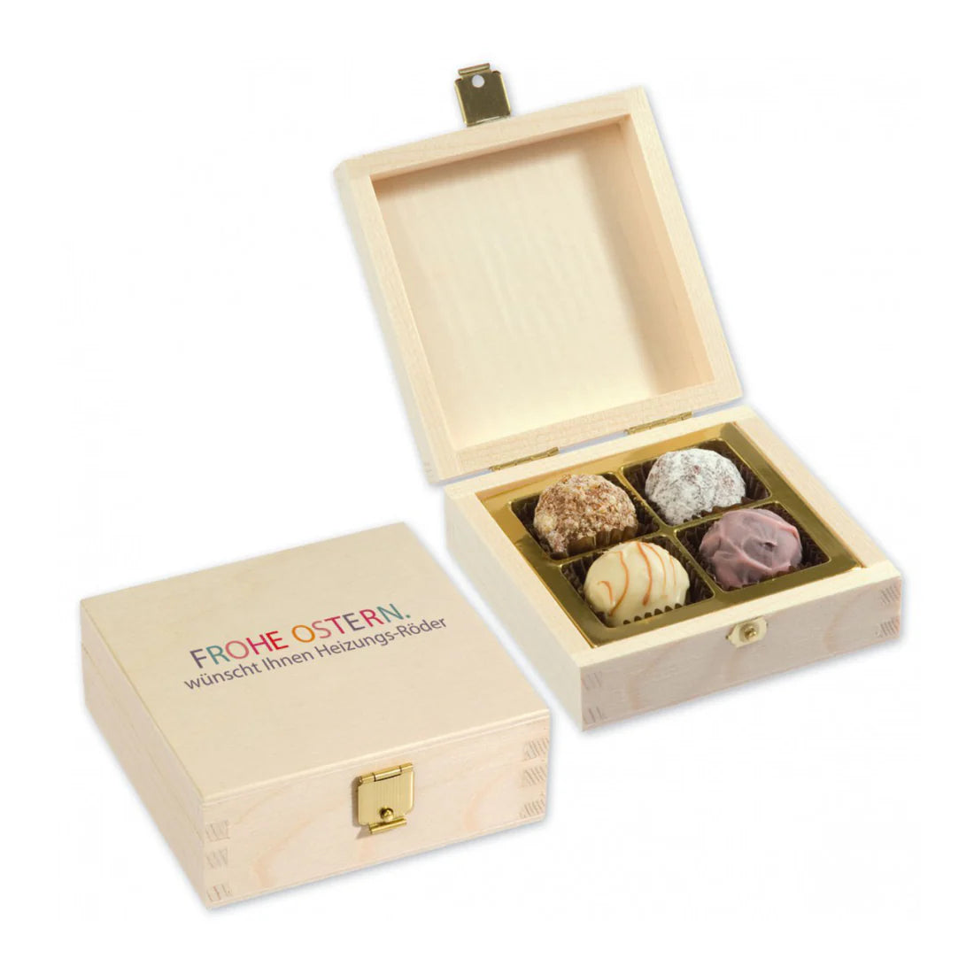4 Trüffelpralinen in quadratischer Holzbox - Ostern