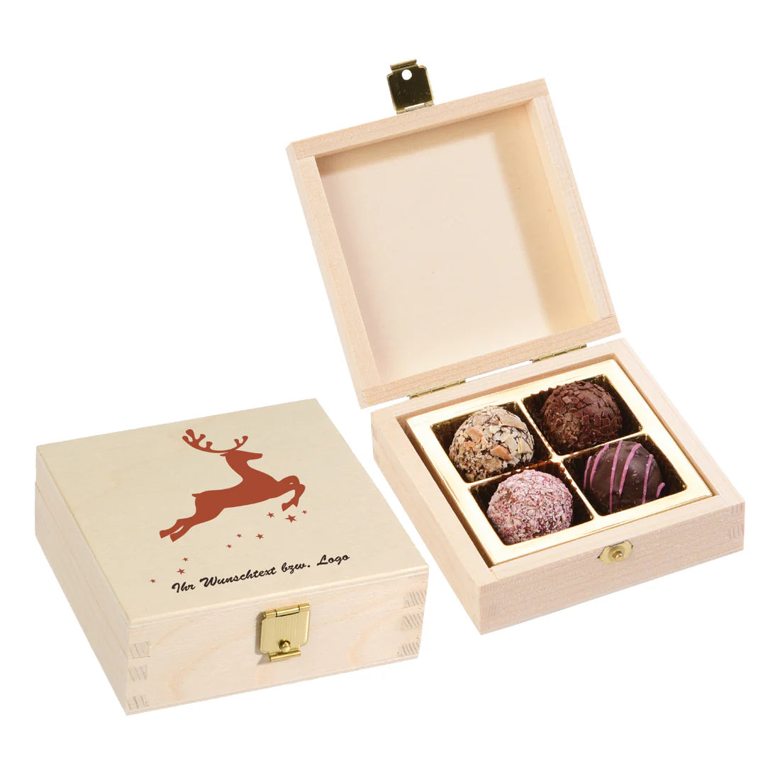 4 Trüffelpralinen in quadratischer Holzbox - Weihnachten