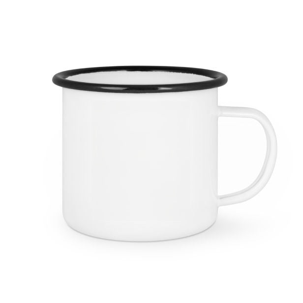 Emaille Tasse mit Logo/Wunschmotiv - farbiger Tassenrand - schwarz