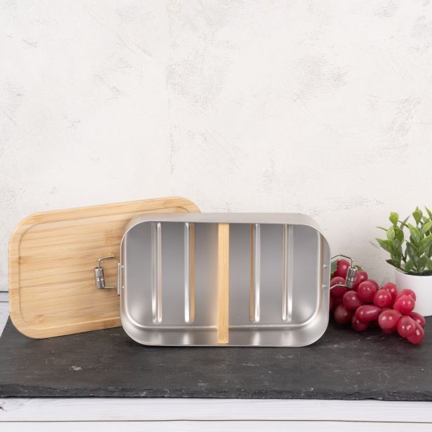 Lunchbox aus Weißblech mit Bambusdeckel & Trennwand