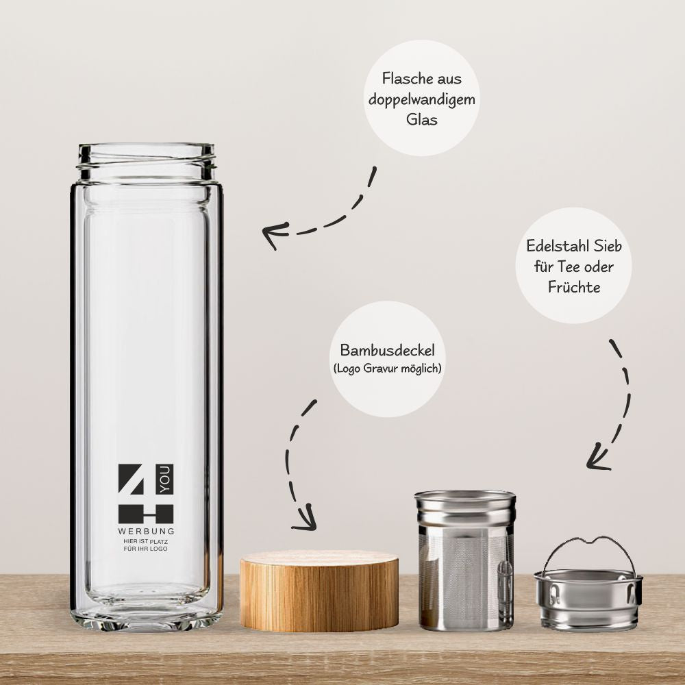 Thermos-Glasflasche mit Logodruck und Namen