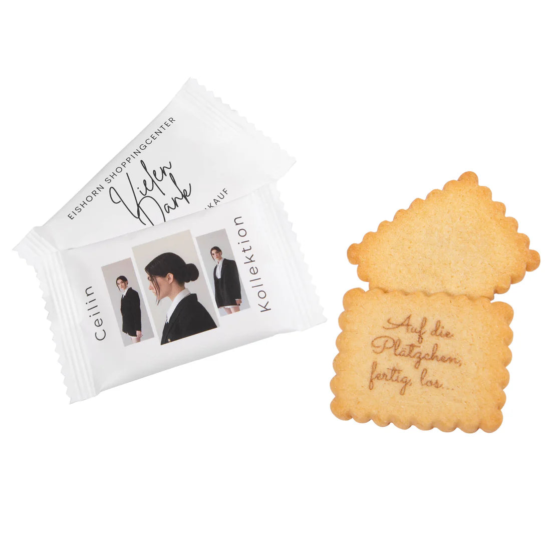 Knackiger (bedruckter) Butterkeks in bedruckter Folie