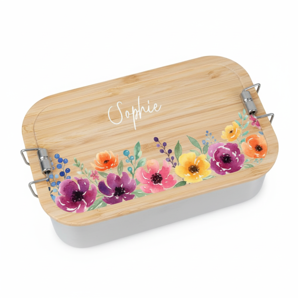 Lunchbox aus Weißblech mit Bambusdeckel & Trennwand