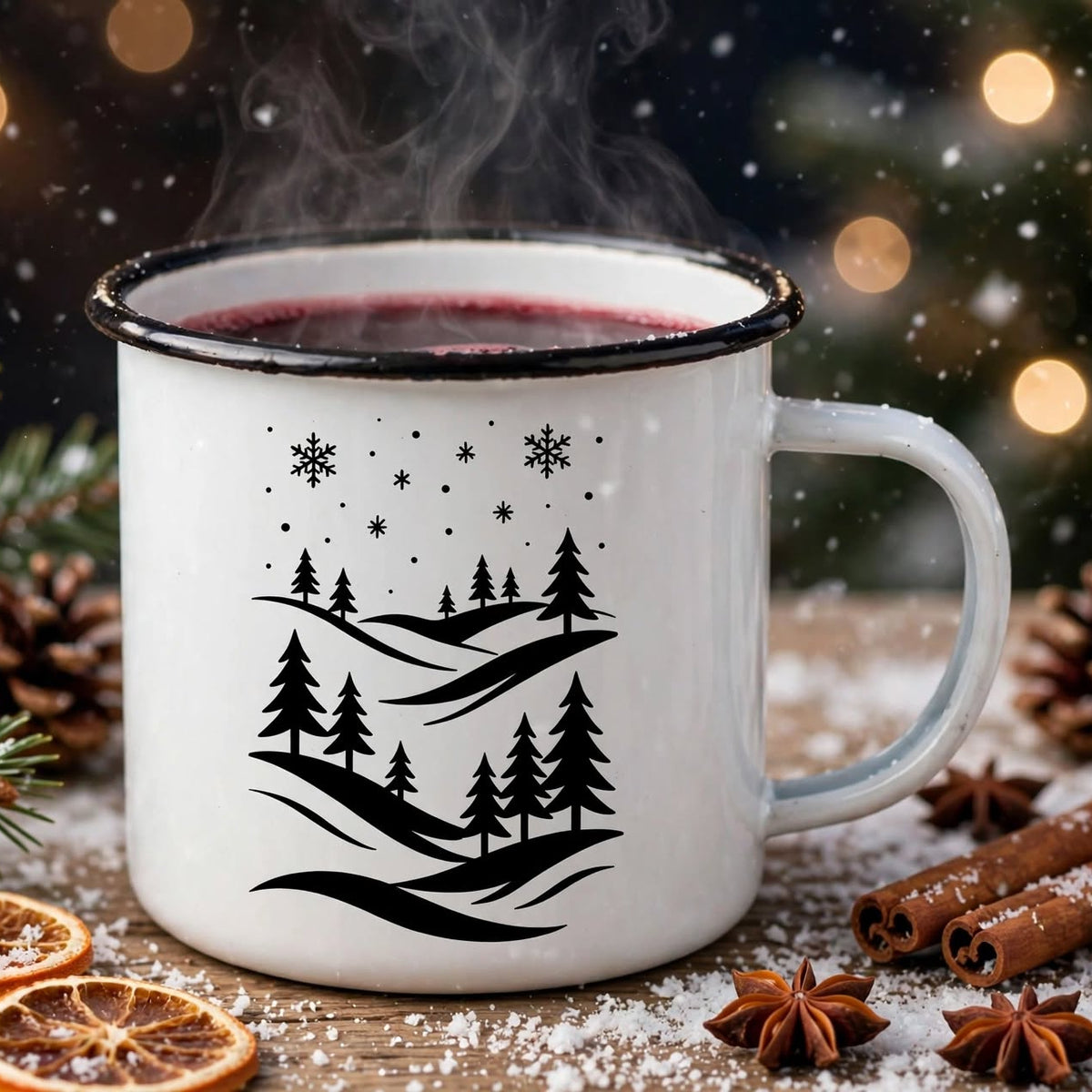 Emaille Tasse mit Logo/Wunschmotiv - farbiger Tassenrand - schwarz