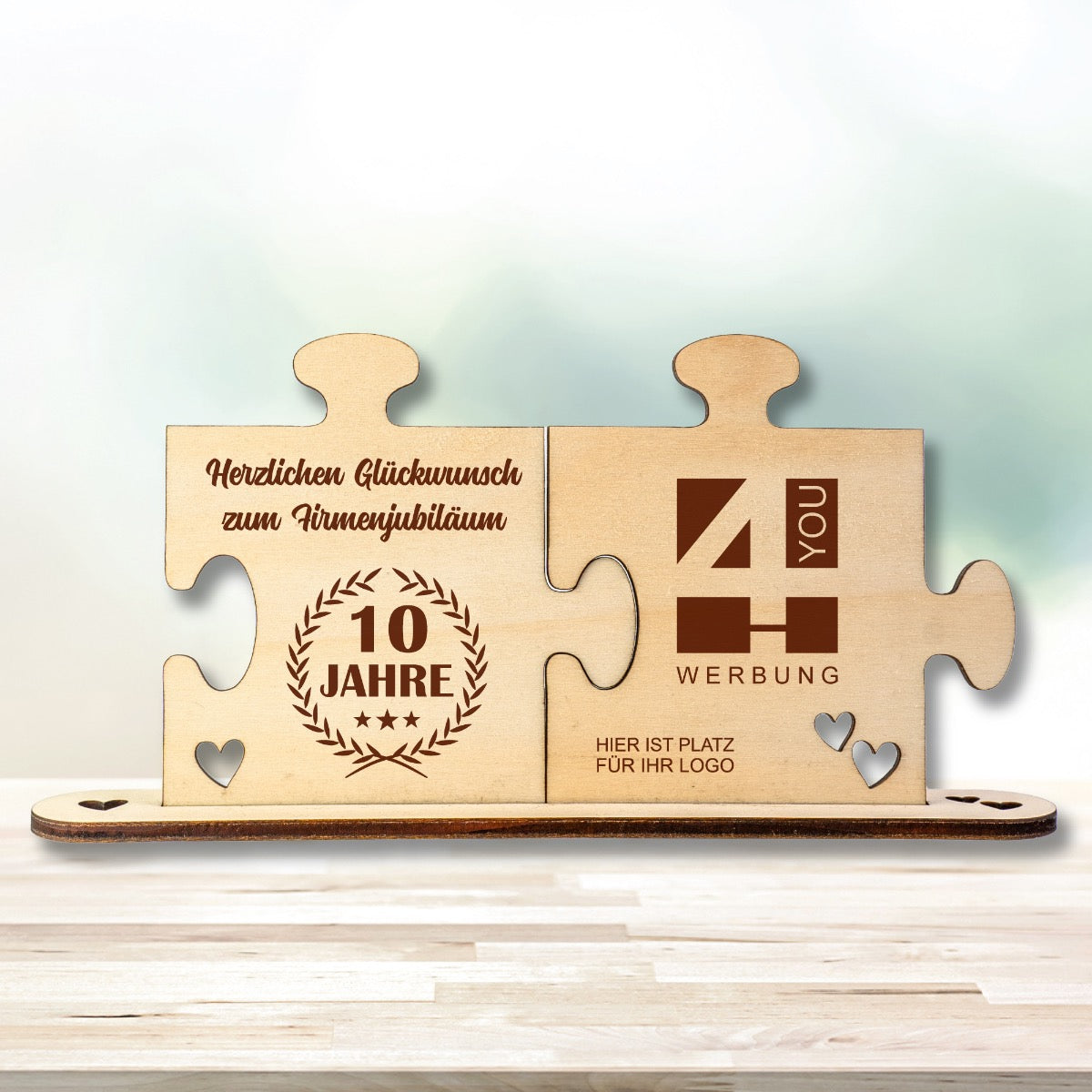 Holz - Puzzleteile "Jubiläum" mit Logo