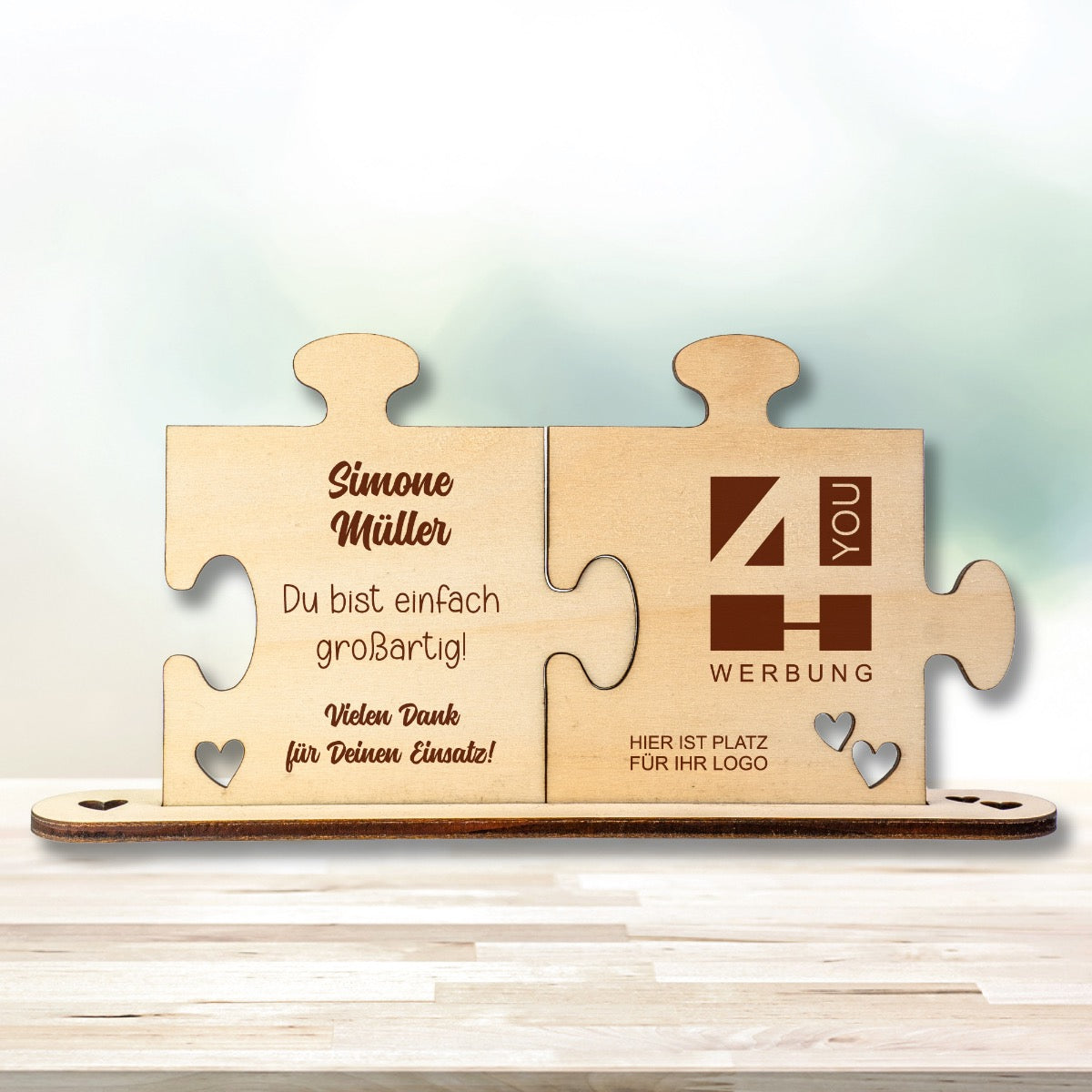 Holz - Puzzleteile "Großartig" - mit Namen und Logo