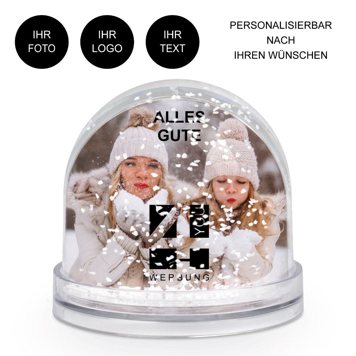 Schneekugel mit Logo / Wunschtext / Wunschfoto