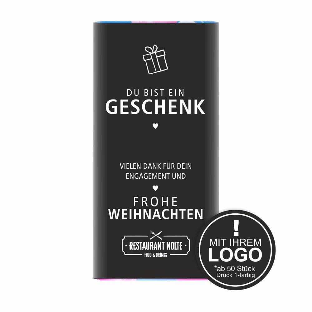 Schokolade "Du/Sie bist/sind ein Geschenk" - mit Logo (schwarze Serie)