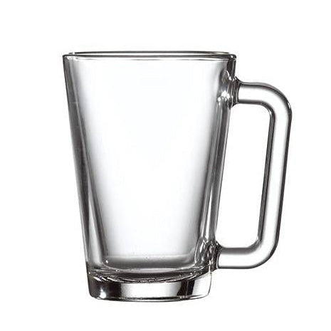 Glühweintasse mit extra großem Griff Klarglas mit Wunschdruck  & optionalem Eichstrich