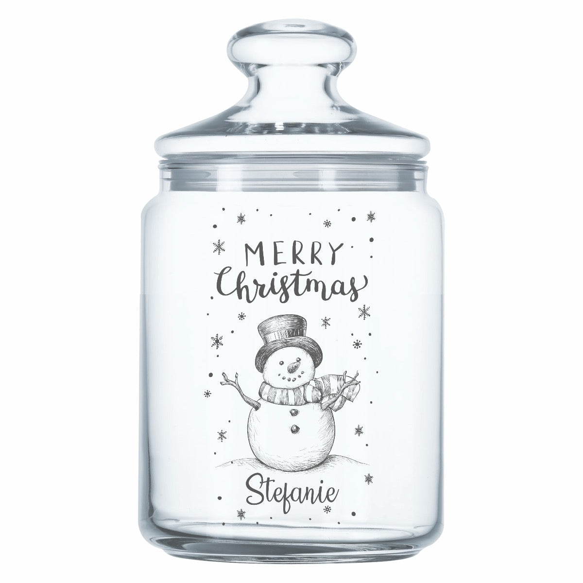 Keksglas - Motiv Schneemann "Merry Christmas" - personalisiert mit Namen