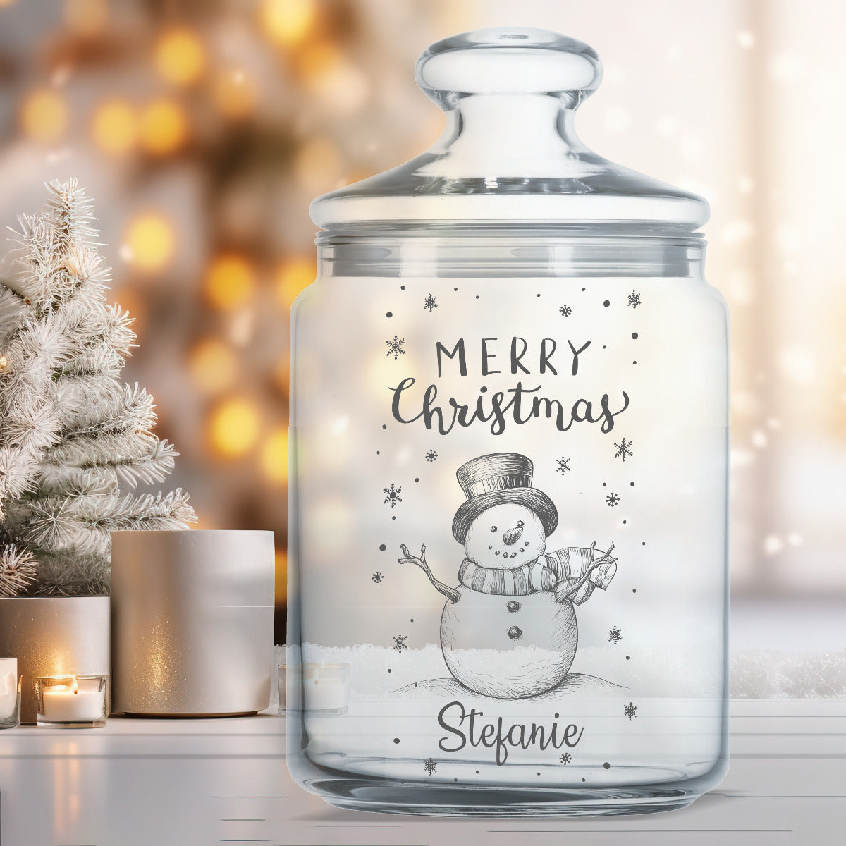 Keksglas - Motiv Schneemann "Merry Christmas" - personalisiert mit Namen