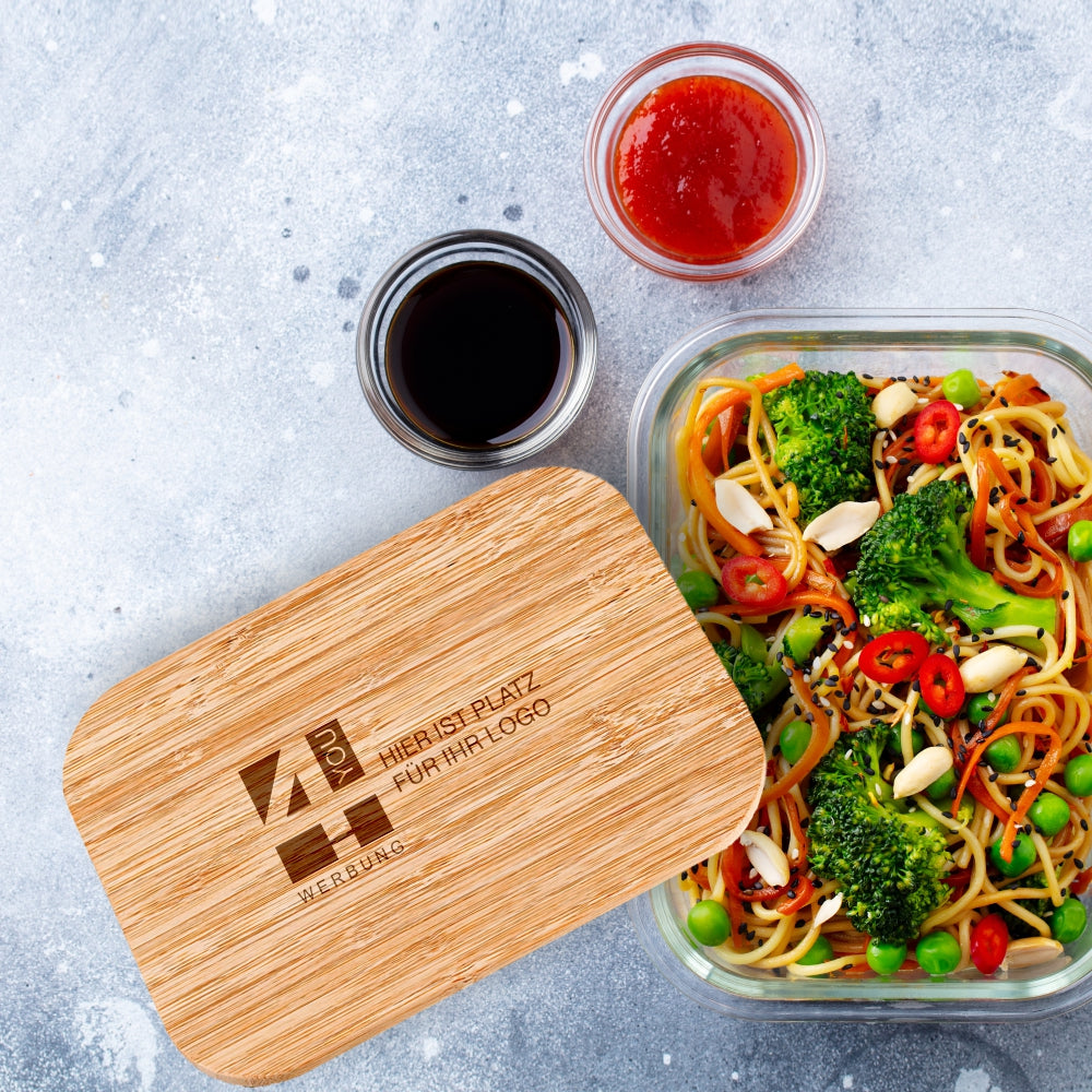 Lunchbox aus Glas mit Bambusdeckel und Logogravur