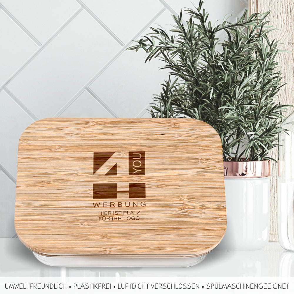 Lunchbox aus Glas mit Bambusdeckel und Logogravur
